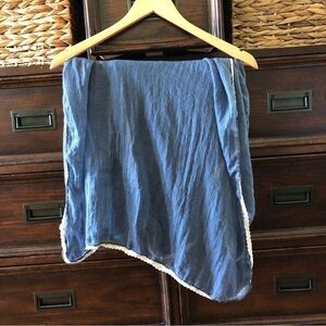 Lightweight denim blue scarf with lace trim
